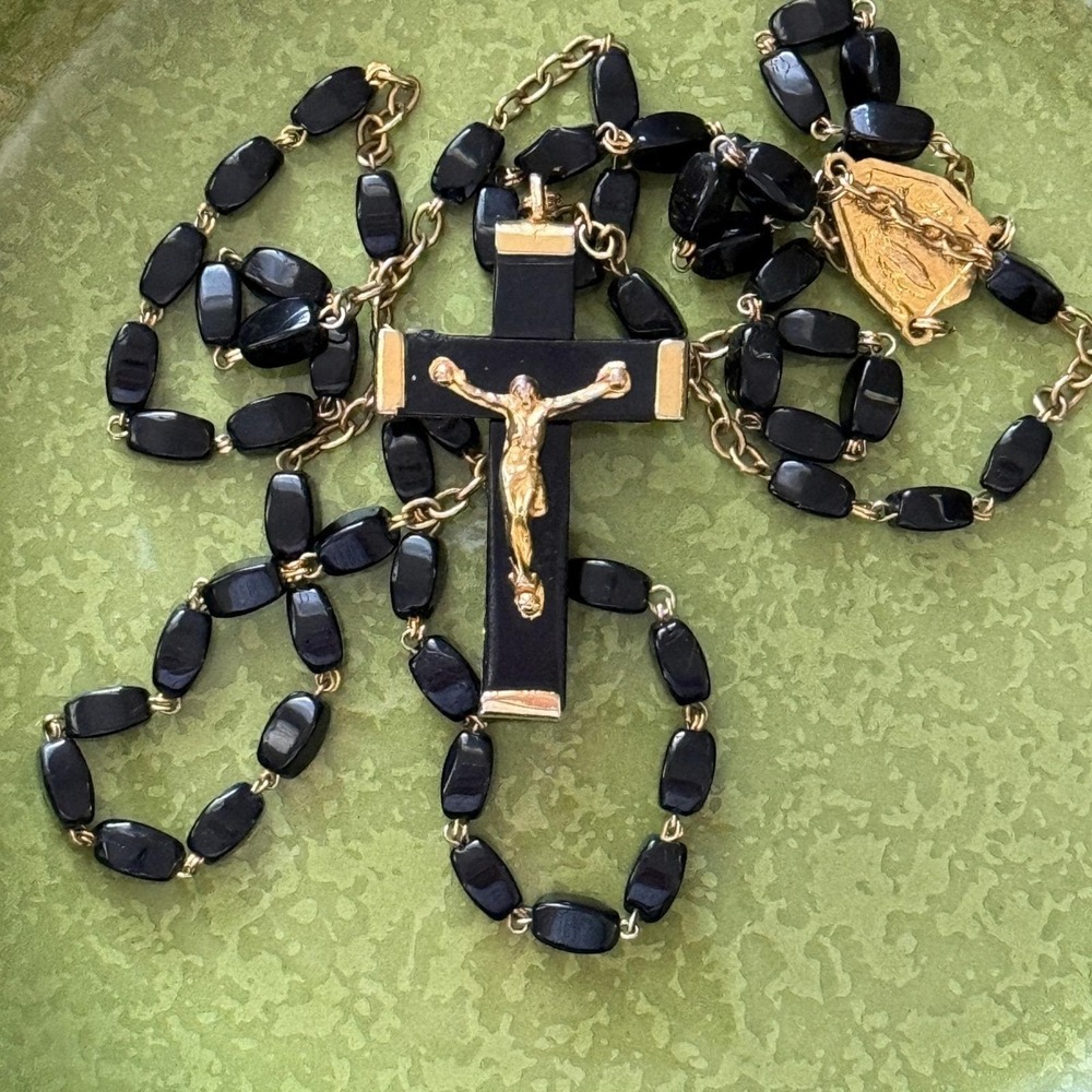 French Rosary Black Glass Beads Gold Tone Center Links and Wrapped Crucifix 19"